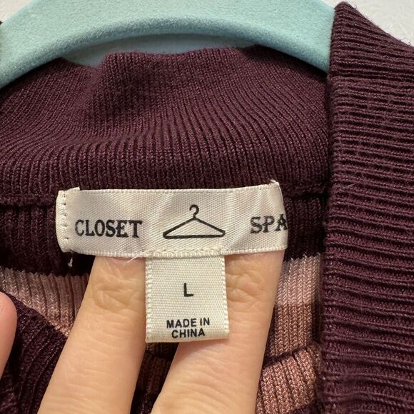 Sweater Tight Knit Mockneck Pullover Burgundy Stripe Stretch Retro Women Large - Picture 3 of 8